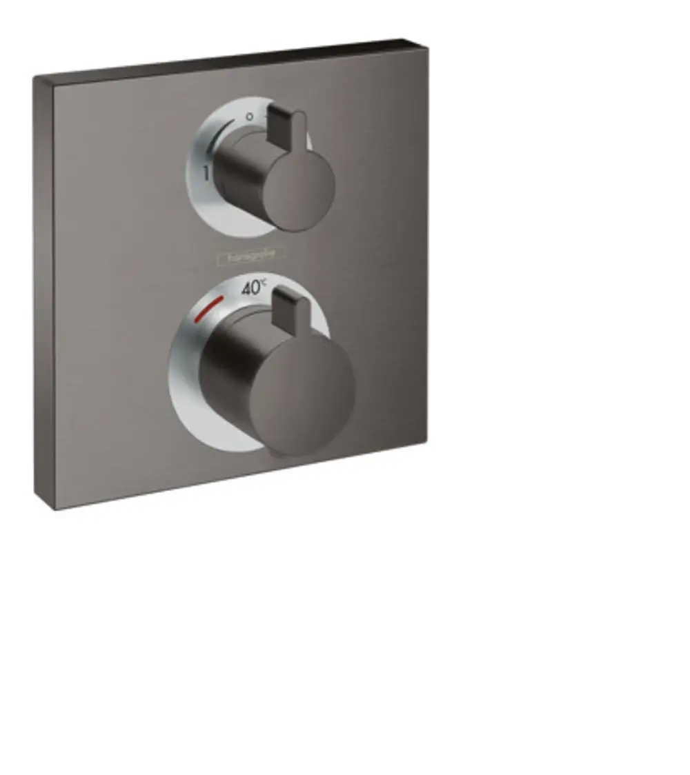 Thermostat von Hansgrohe mit zwei Bedienelementen, montiert auf einer quadratischen Platte in einer brushed black chrome Optik. Regelung für Temperatur und Sanitärverbrauch sichtbar.